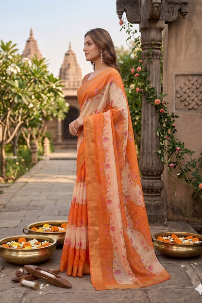 Maavish | Digital Floral Print Poly-Linen Saree Orange