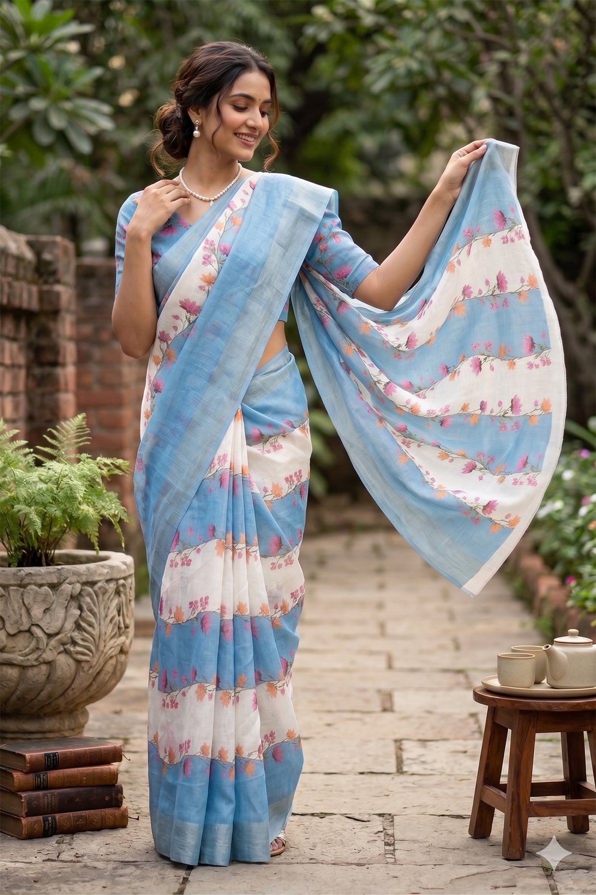 Maavish | Digital Floral Print Poly-Linen Saree Blue