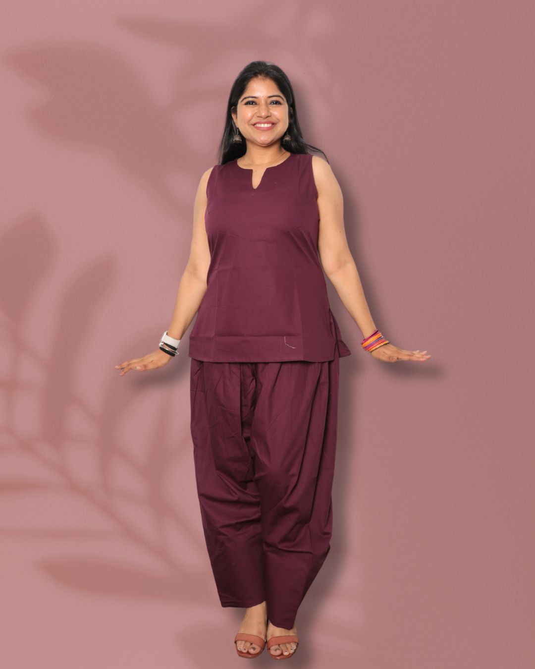 Solid Wine Sleeveless Kurti  Pharsi Pant Set