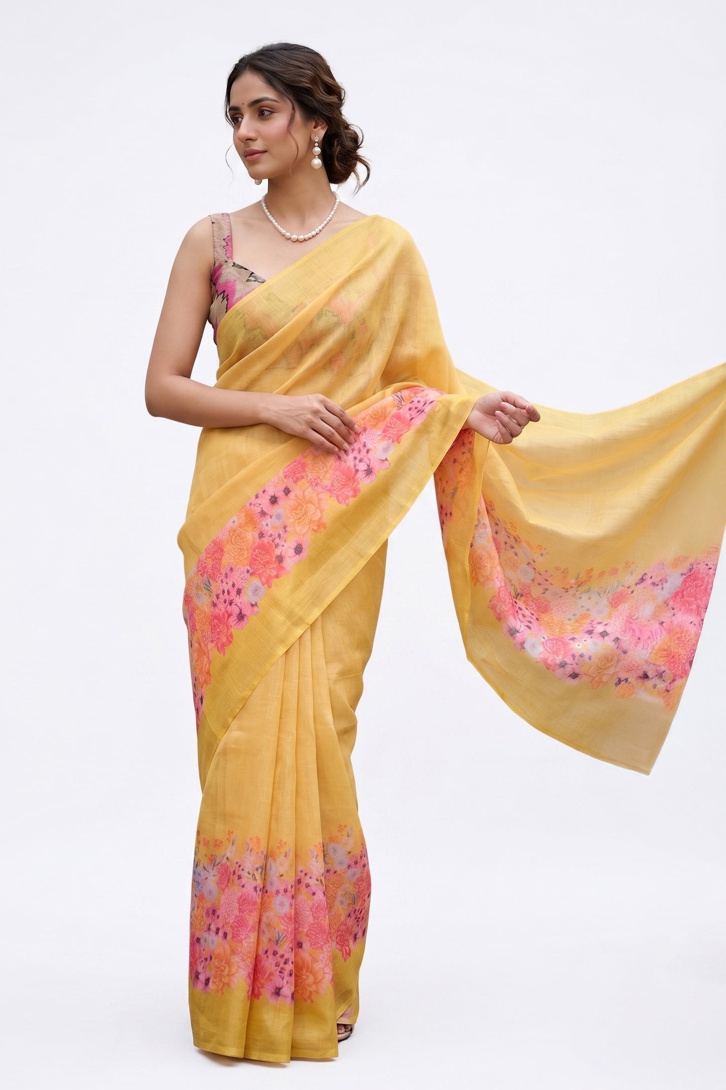 Maavish | Digital Floral Print Poly-Linen Saree Yellow