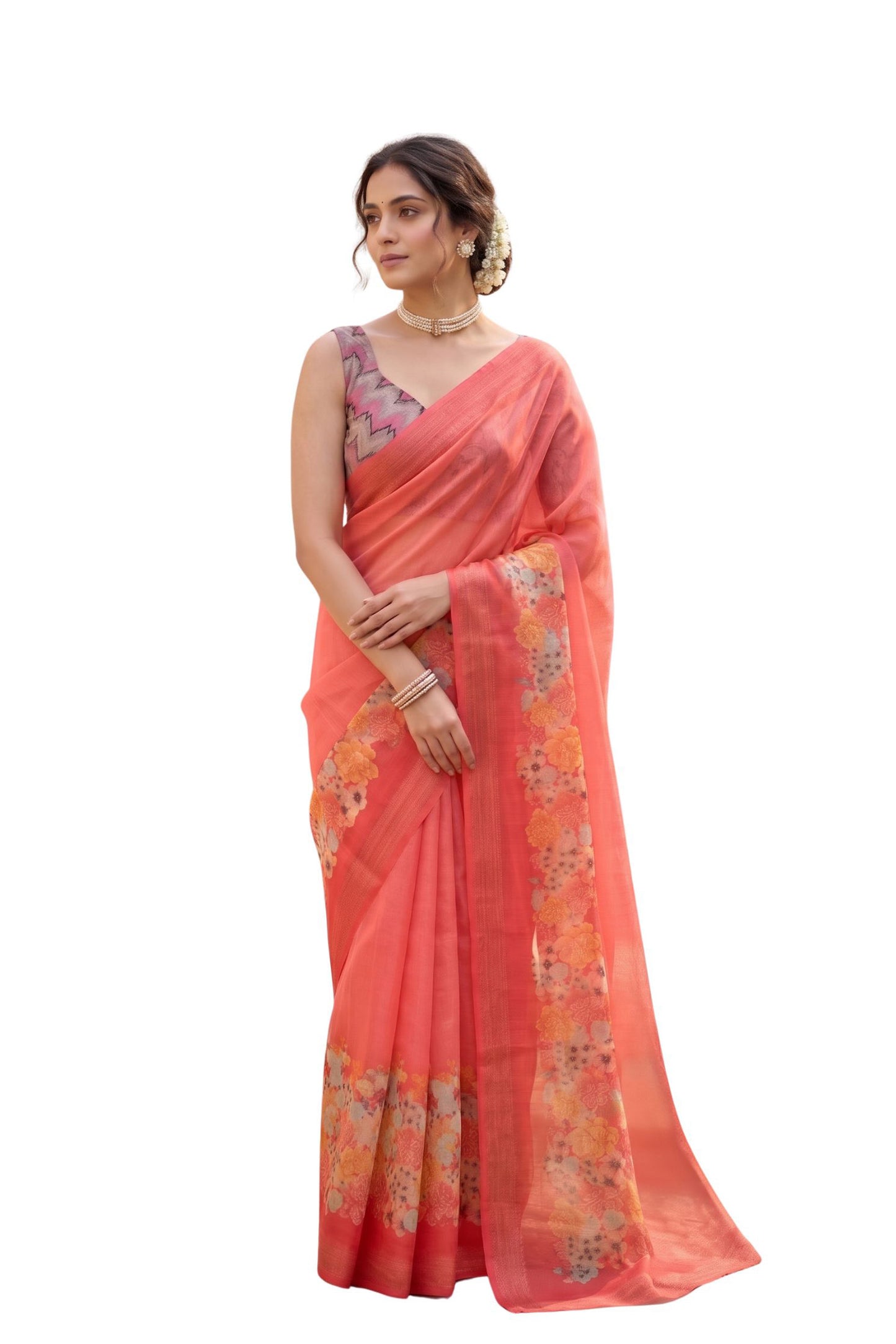 Maavish | Digital Floral Print Poly-Linen Saree Red