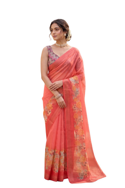 Maavish | Digital Floral Print Poly-Linen Saree Red