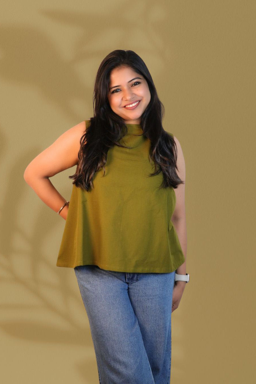Maavish Olive Green Sleeveless Top with Side Smocking & Flared Hem