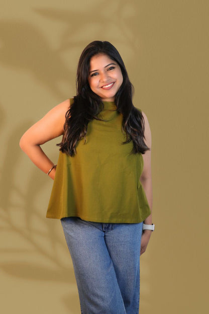 Maavish Olive Green Sleeveless Top with Side Smocking & Flared Hem