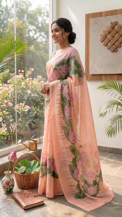 Maavish | Digital Lotus Print Poly-Linen Saree Peach