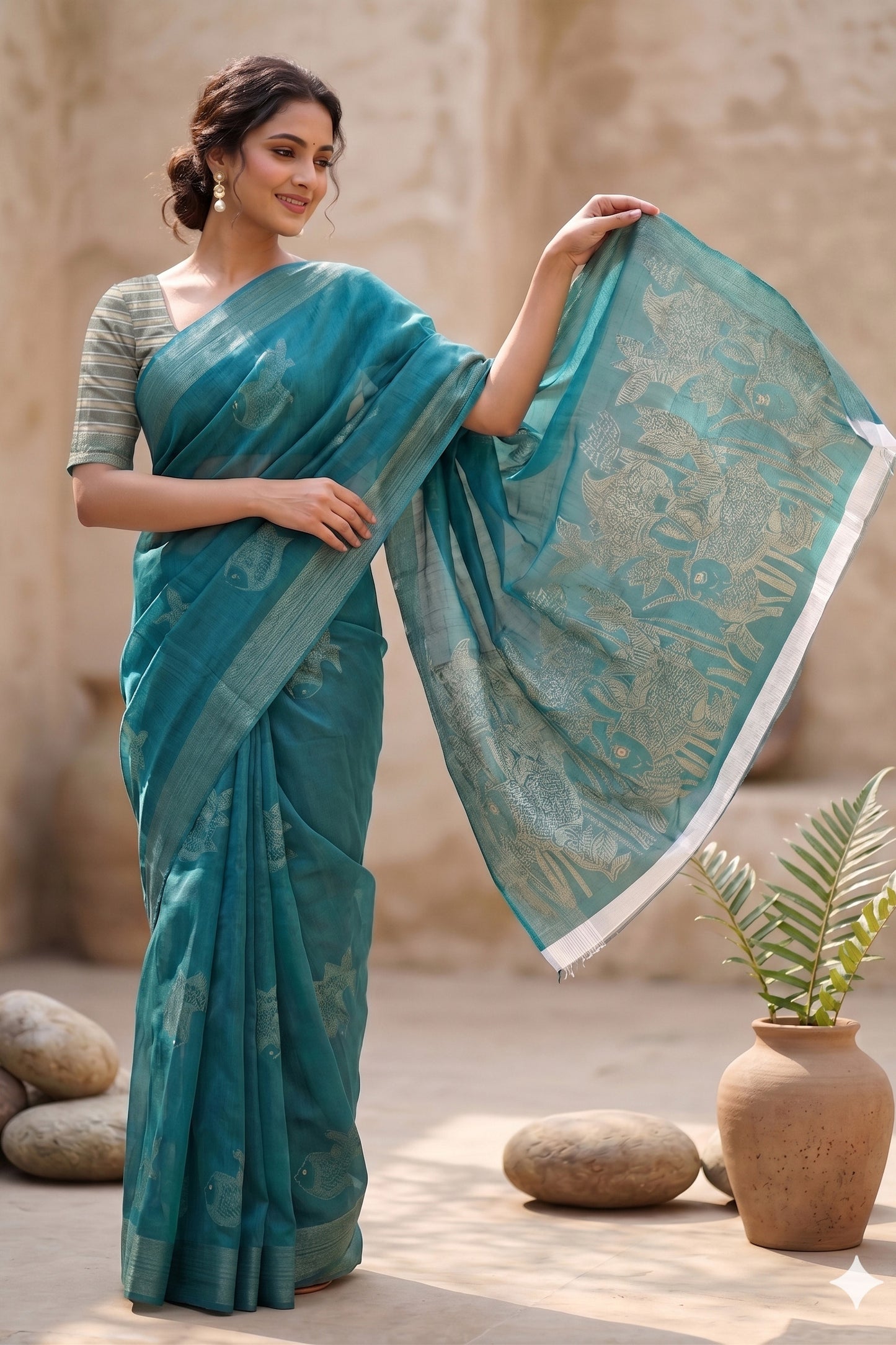 Maavish | Kalamkari-Inspired Digital Fish Print Poly-Linen Saree Green