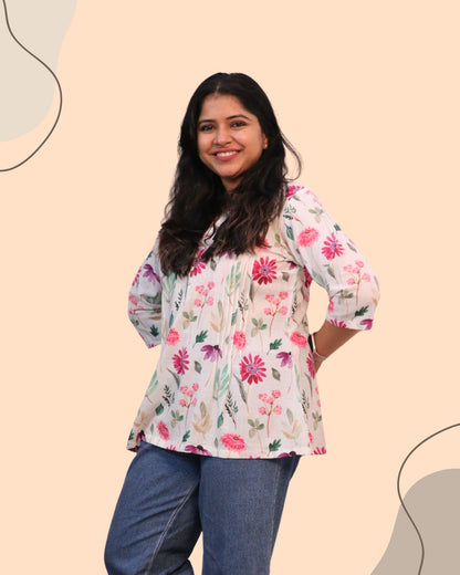 Floral Pink Print Short Kurta
