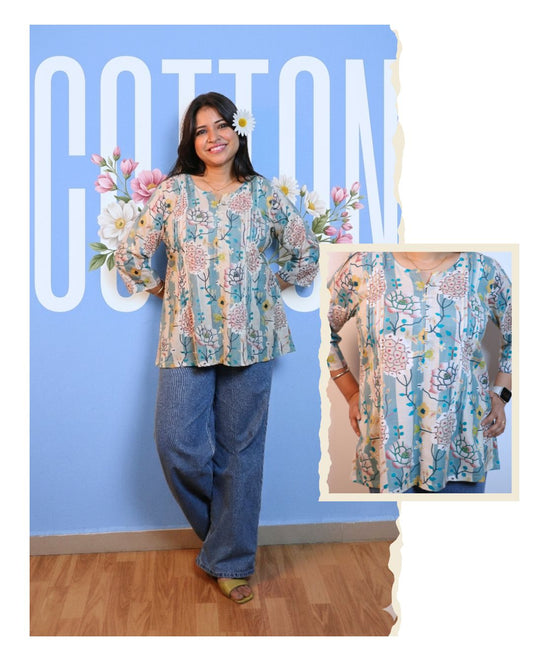 Blue Floral Stripe Printed Short Kurti 3/4