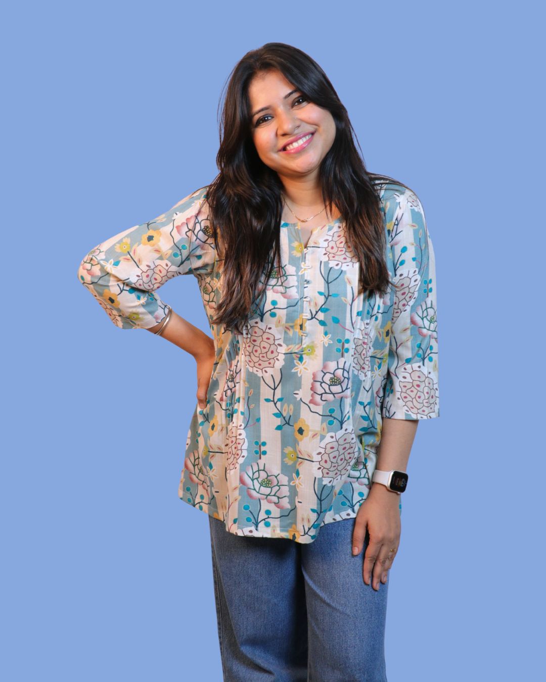 Blue Floral Stripe Printed Short Kurti 3/4