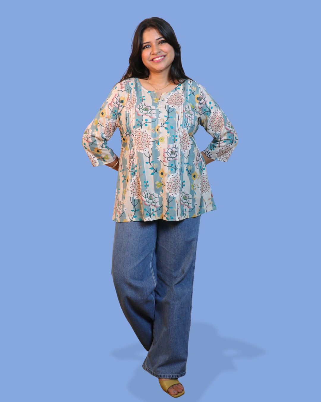 Blue Floral Stripe Printed Short Kurti 3/4