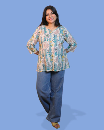 Blue Floral Stripe Printed Short Kurti 3/4