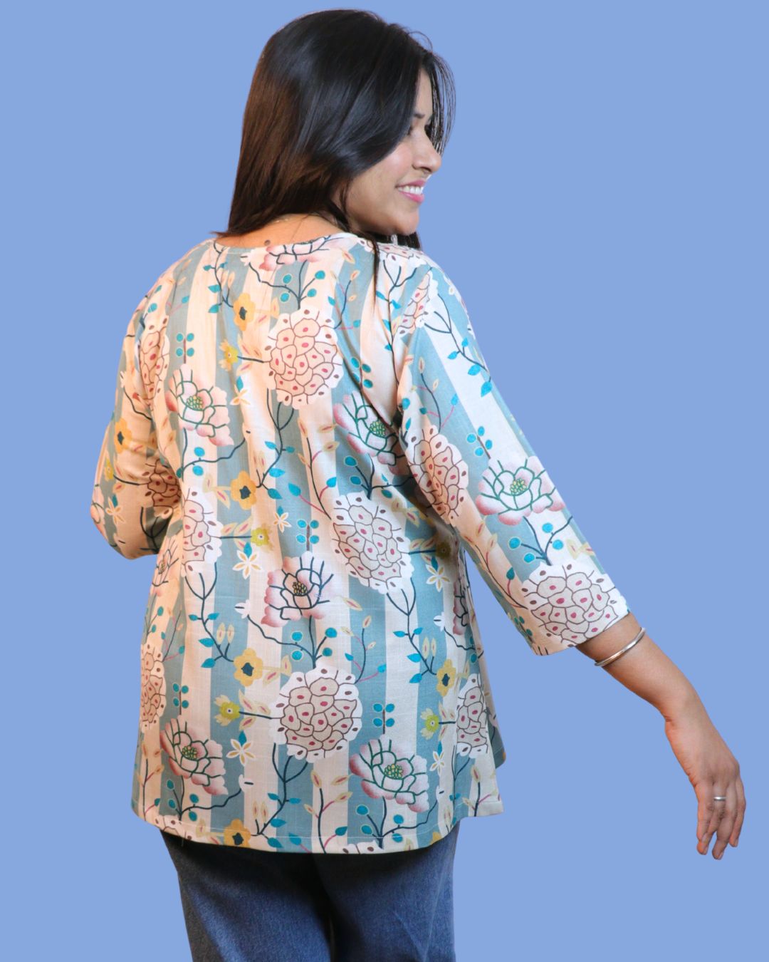 Blue Floral Stripe Printed Short Kurti 3/4
