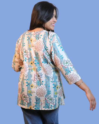 Blue Floral Stripe Printed Short Kurti 3/4