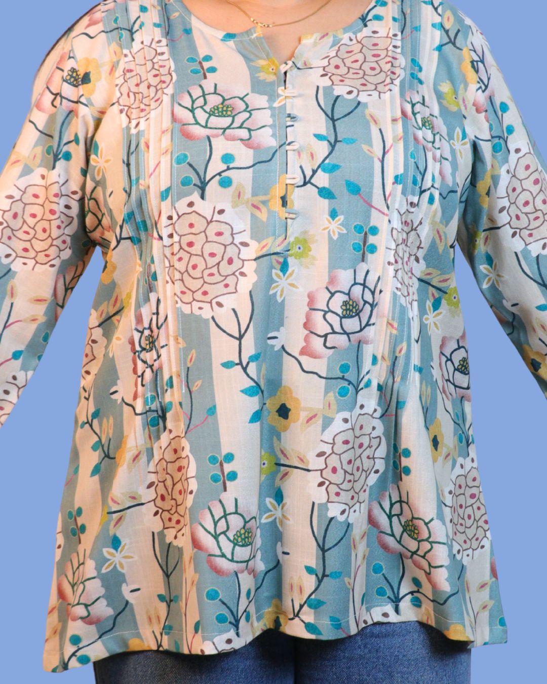 Blue Floral Stripe Printed Short Kurti 3/4