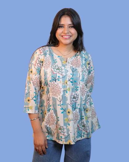 Blue Floral Stripe Printed Short Kurti 3/4