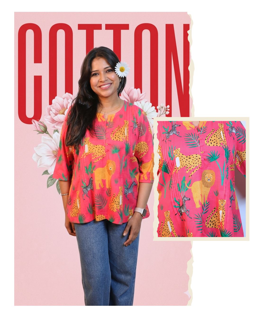 Pink Jungle Printed Short Kurti 3/4