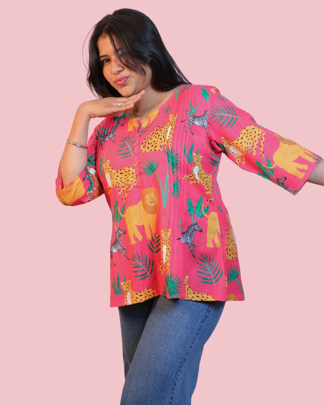 Pink Jungle Printed Short Kurti 3/4
