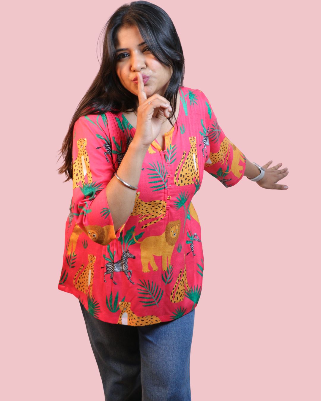 Pink Jungle Printed Short Kurti 3/4