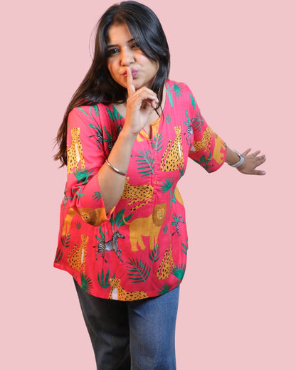 Pink Jungle Printed Short Kurti 3/4