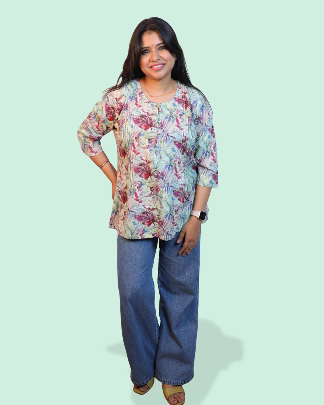 Green Floral Pink Printed Short Kurti 3/4