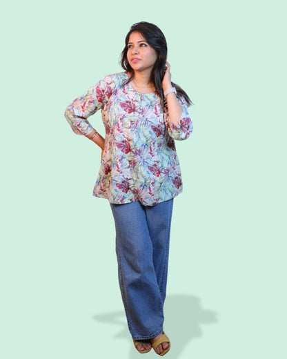 Green Floral Pink Printed Short Kurti 3/4