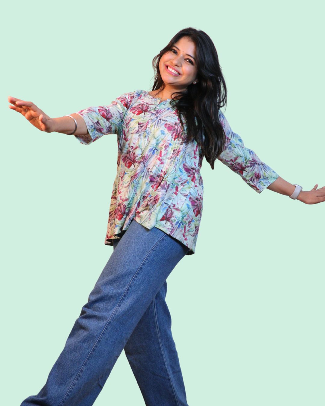 Green Floral Pink Printed Short Kurti 3/4