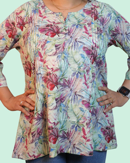 Green Floral Pink Printed Short Kurti 3/4