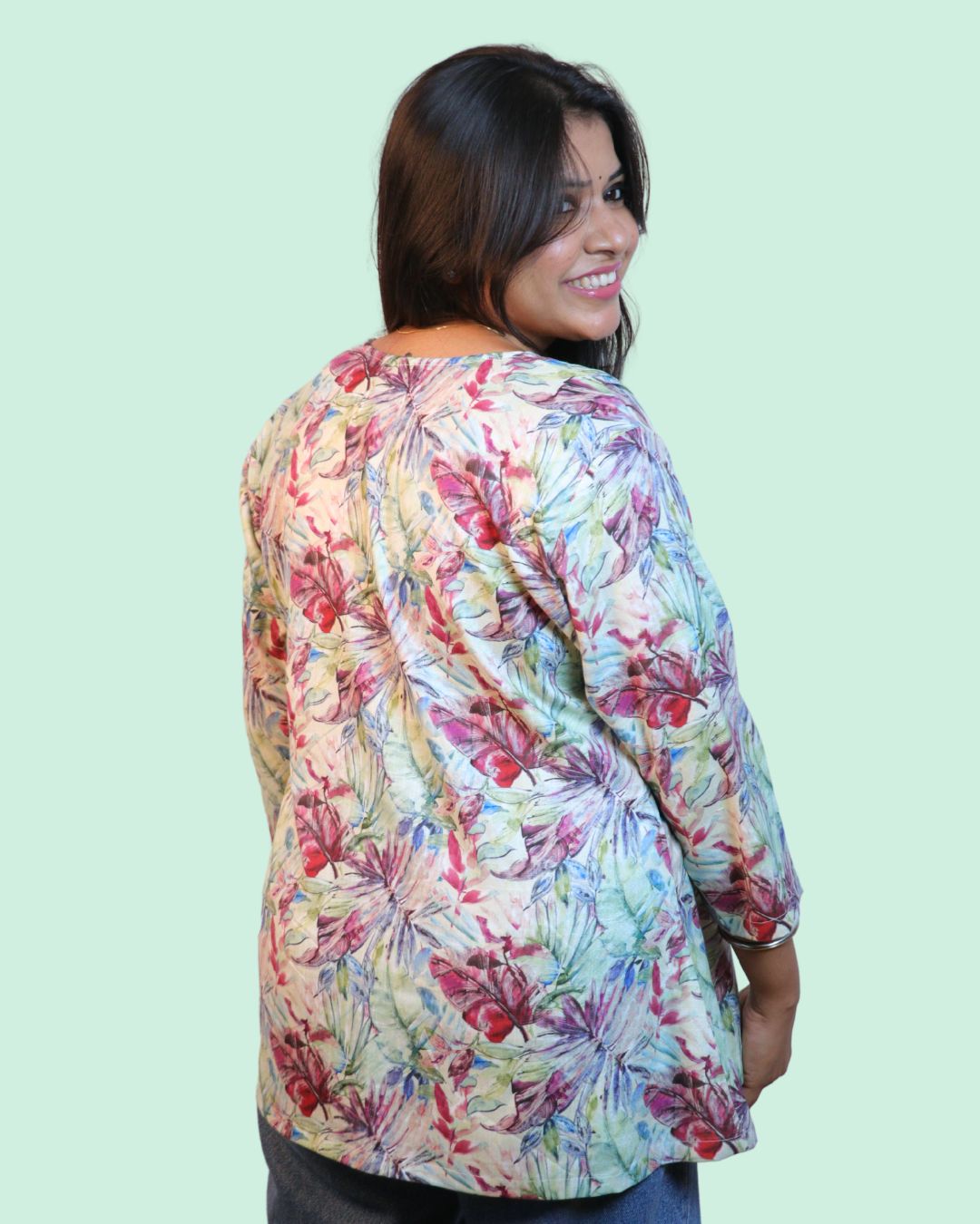 Green Floral Pink Printed Short Kurti 3/4