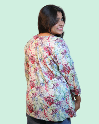 Green Floral Pink Printed Short Kurti 3/4