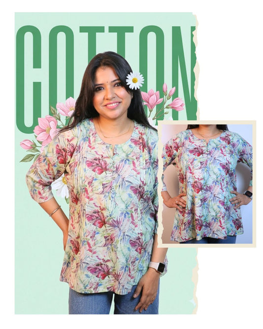 Green Floral Pink Printed Short Kurti 3/4