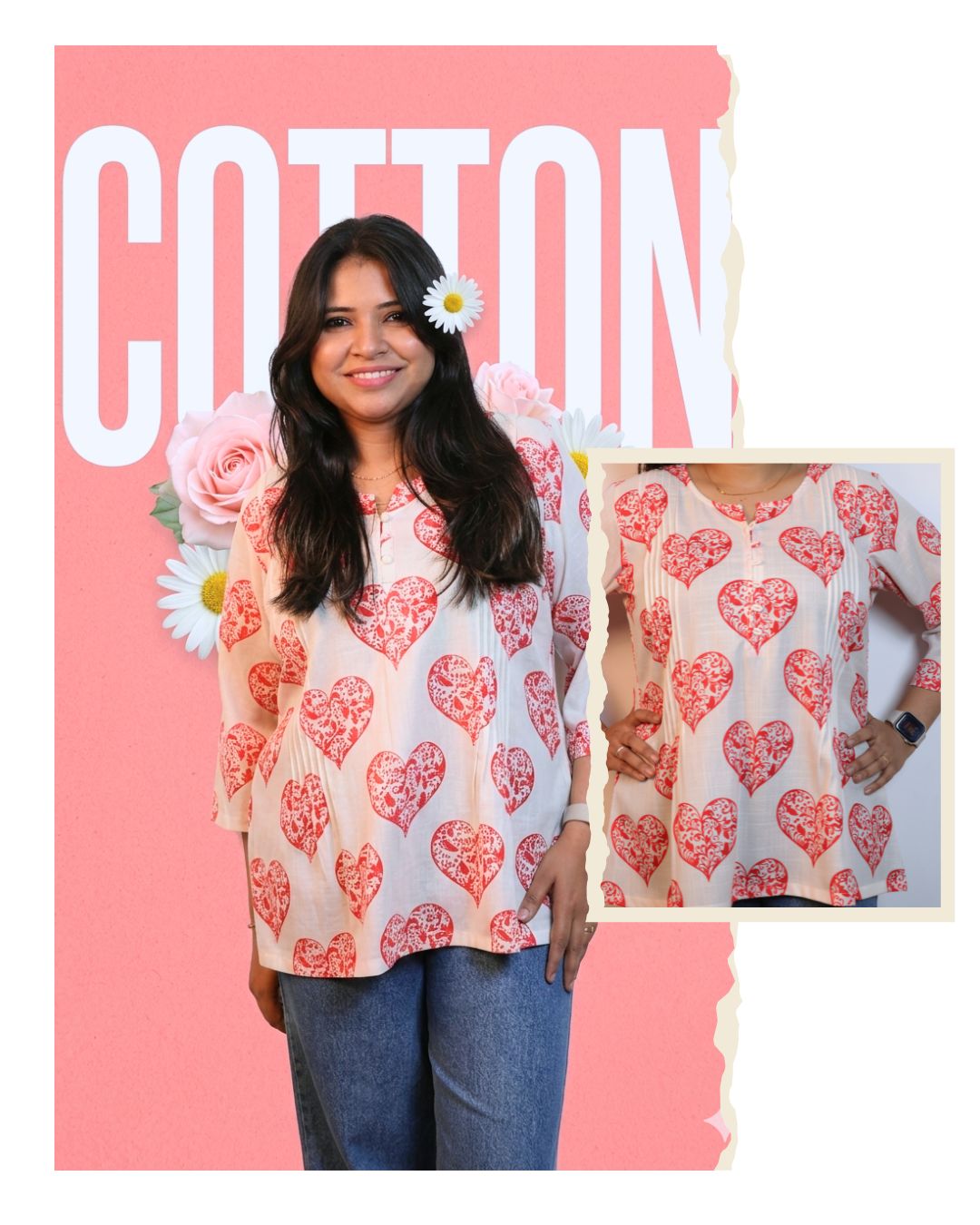 White and Pink Heart Printed Short Kurti 3/4