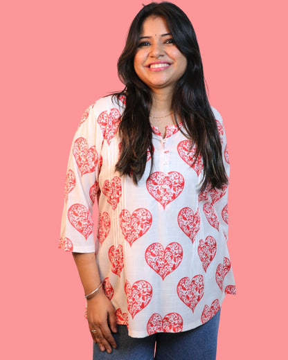 White and Pink Heart Printed Short Kurti 3/4