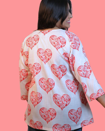 White and Pink Heart Printed Short Kurti 3/4