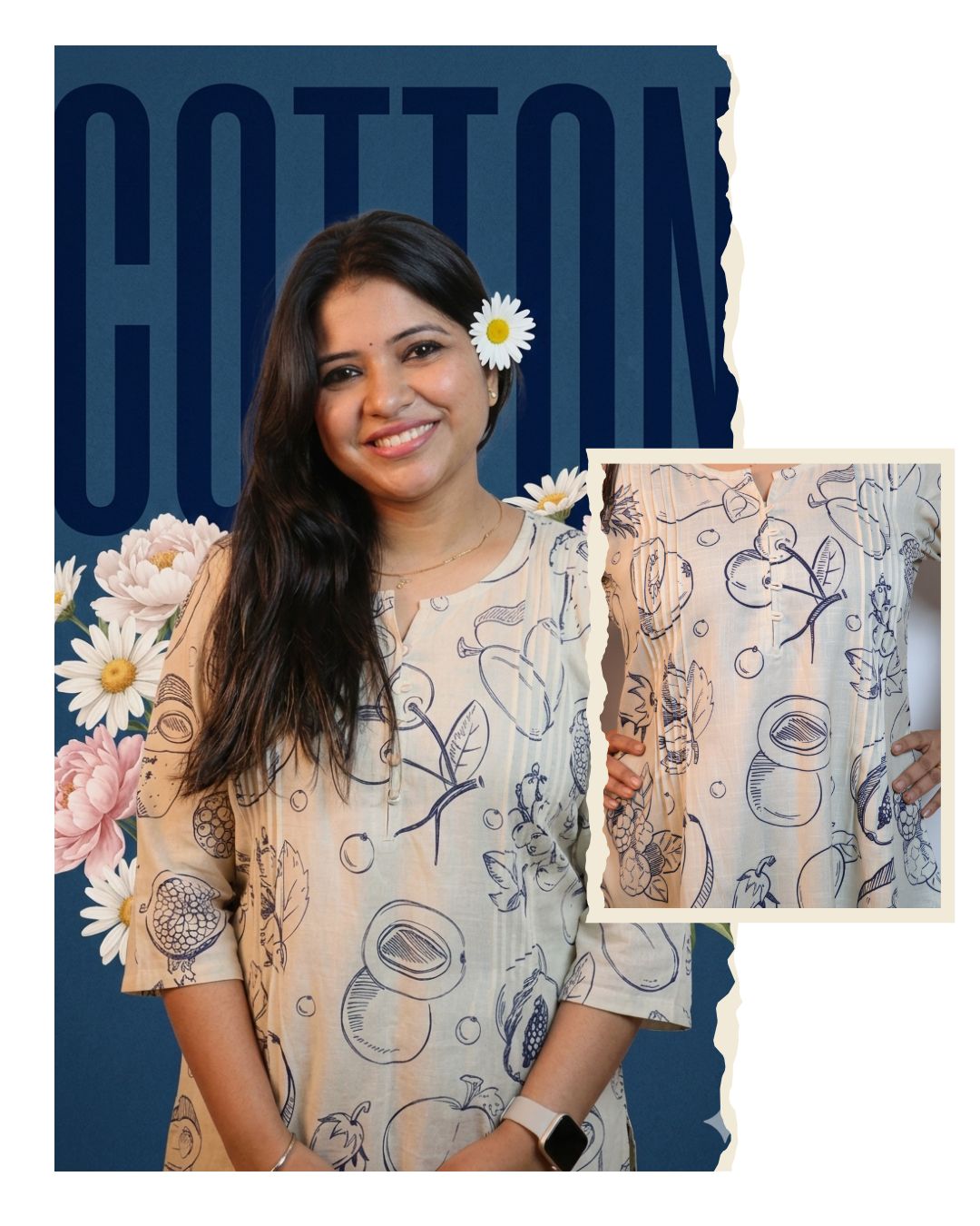 Beige Fruit Printed Short Kurti 3/4