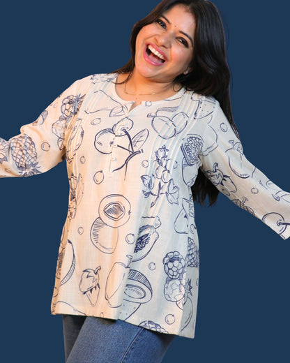 Beige Fruit Printed Short Kurti 3/4