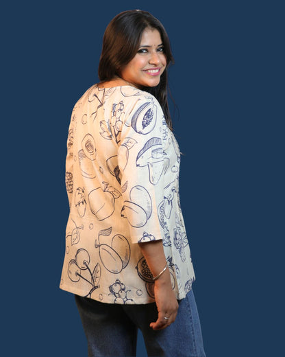Beige Fruit Printed Short Kurti 3/4