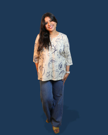 Beige Fruit Printed Short Kurti 3/4