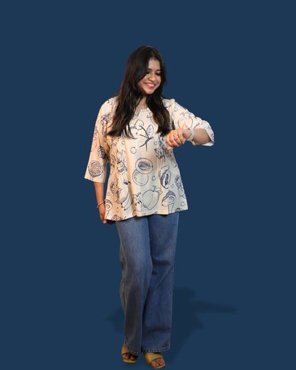 Beige Fruit Printed Short Kurti 3/4