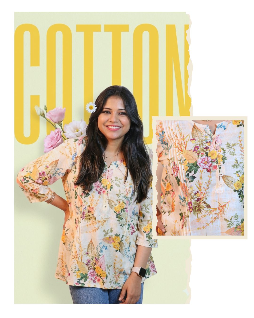Yellow Floral Printed Short Kurti 3/4