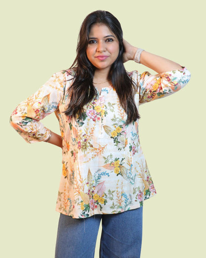 Yellow Floral Printed Short Kurti 3/4
