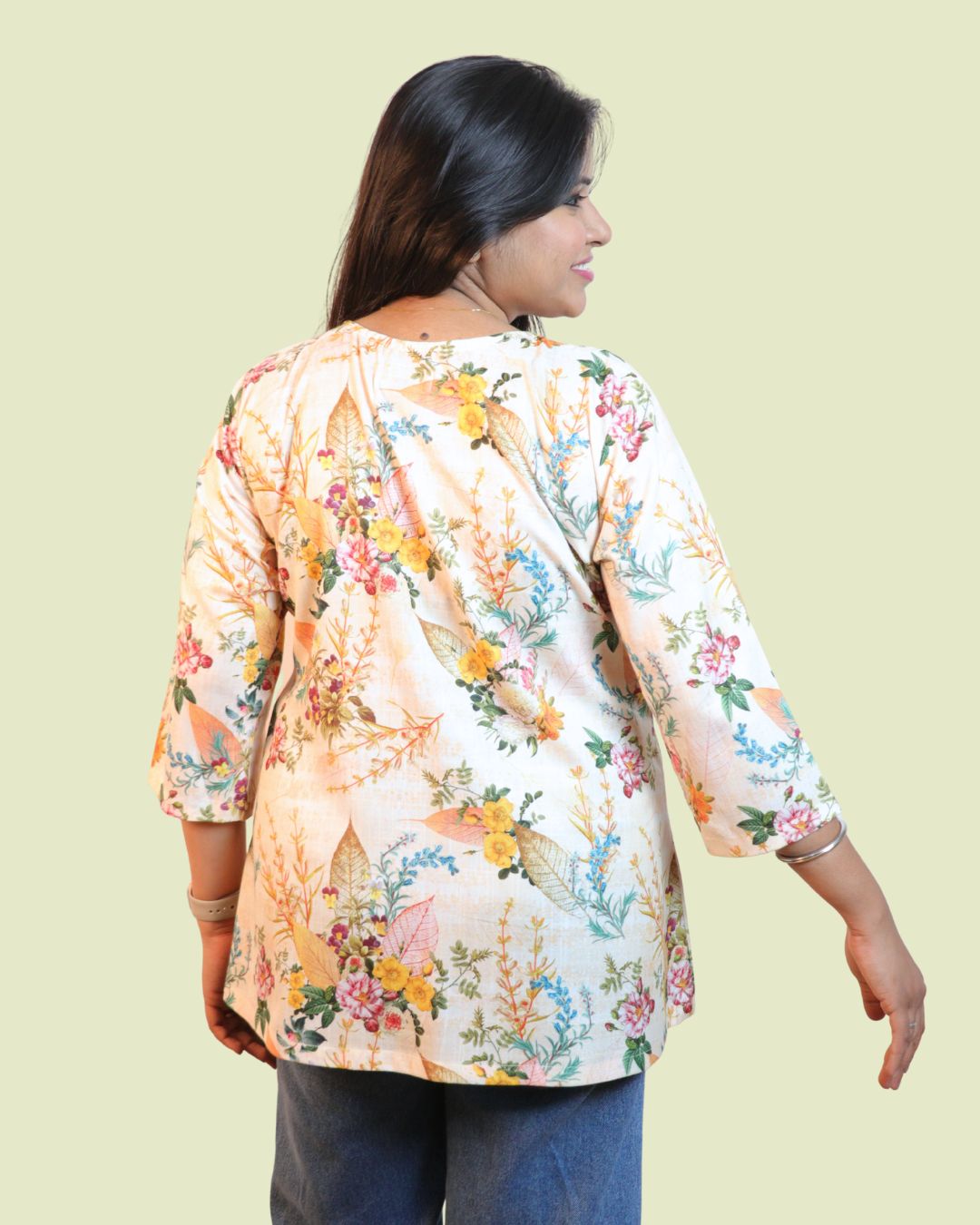 Yellow Floral Printed Short Kurti 3/4