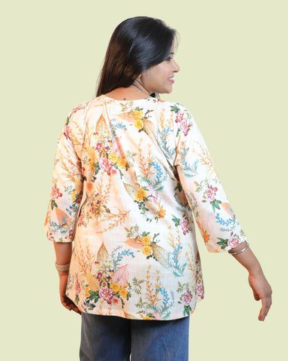 Yellow Floral Printed Short Kurti 3/4
