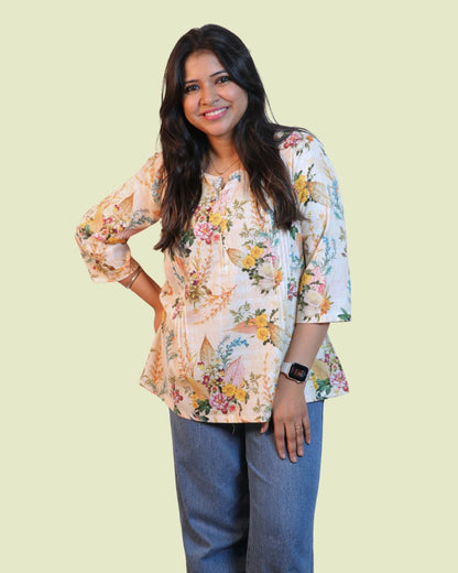 Yellow Floral Printed Short Kurti 3/4