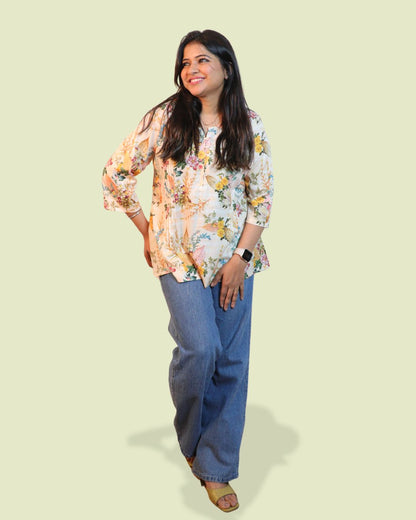 Yellow Floral Printed Short Kurti 3/4