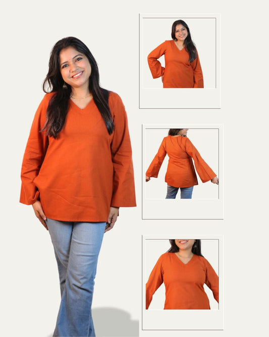 Solid Rust Bell Sleeve Short Kurta