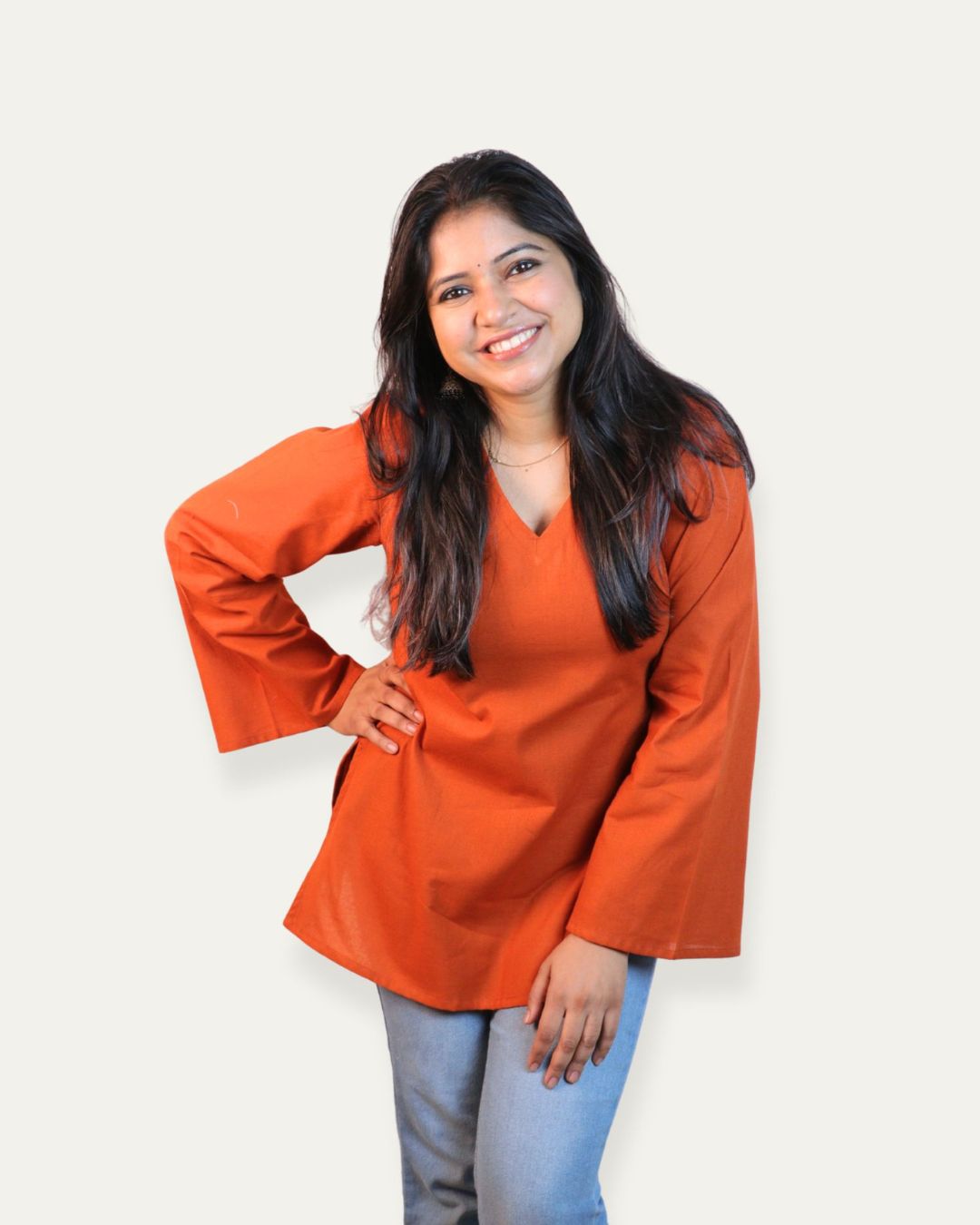 Solid Rust Bell Sleeve Short Kurta