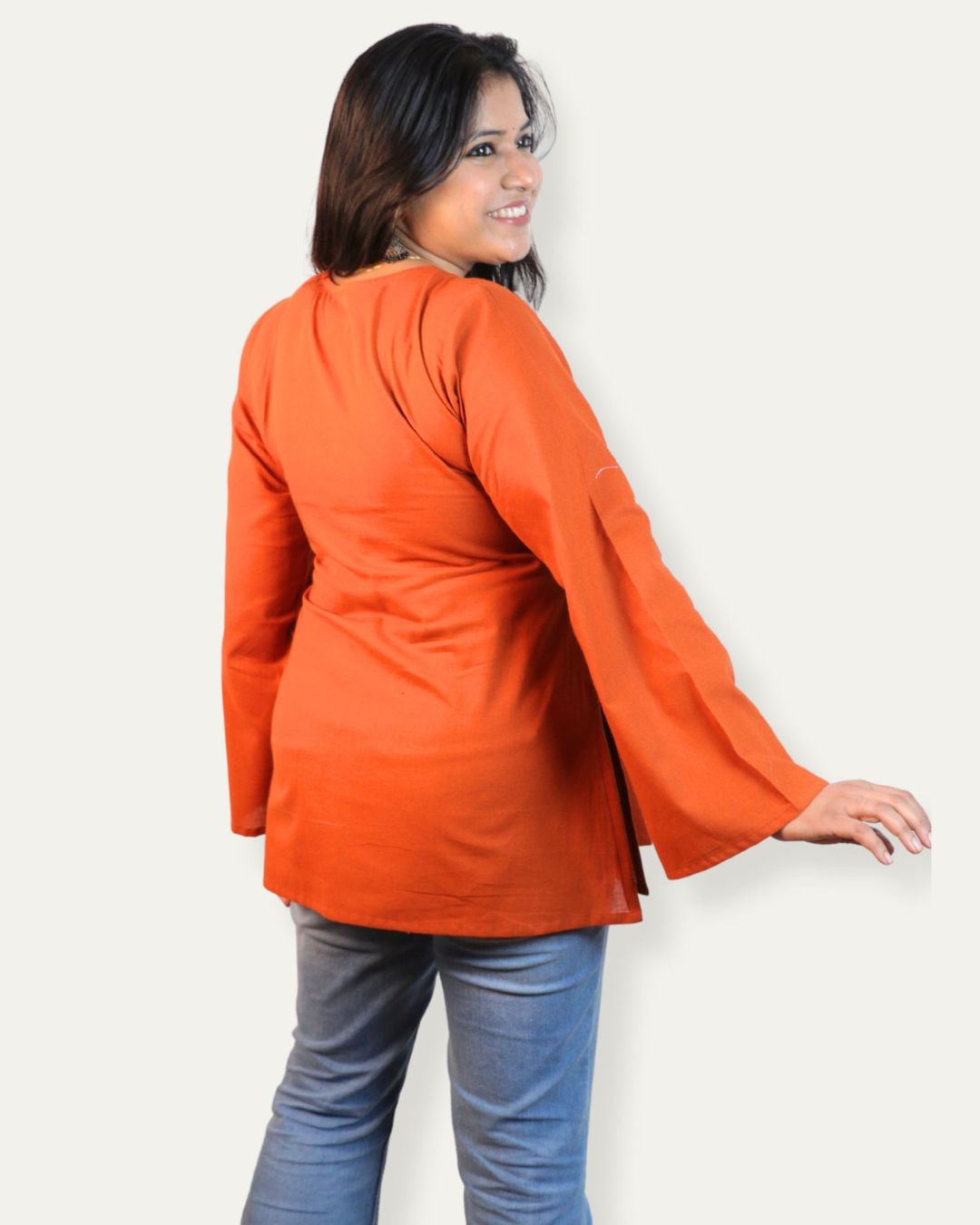 Solid Rust Bell Sleeve Short Kurta