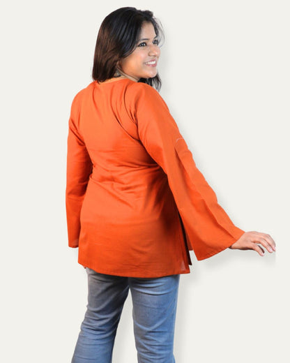 Solid Rust Bell Sleeve Short Kurta