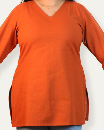 Solid Rust Bell Sleeve Short Kurta