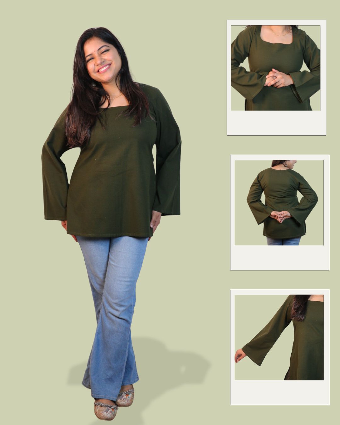 Solid Olive Green Bell Sleeve Short Kurta